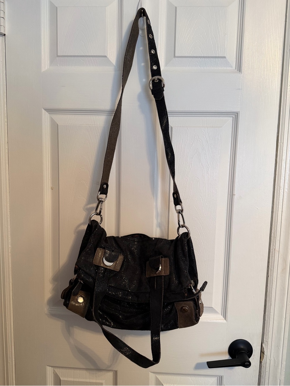 b. makowsky Black Crossbody Bag with Brown Accents